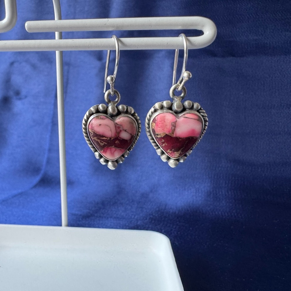 Heart-Shaped Pink Dahlia Turquoise and Sterling Silver Earrings